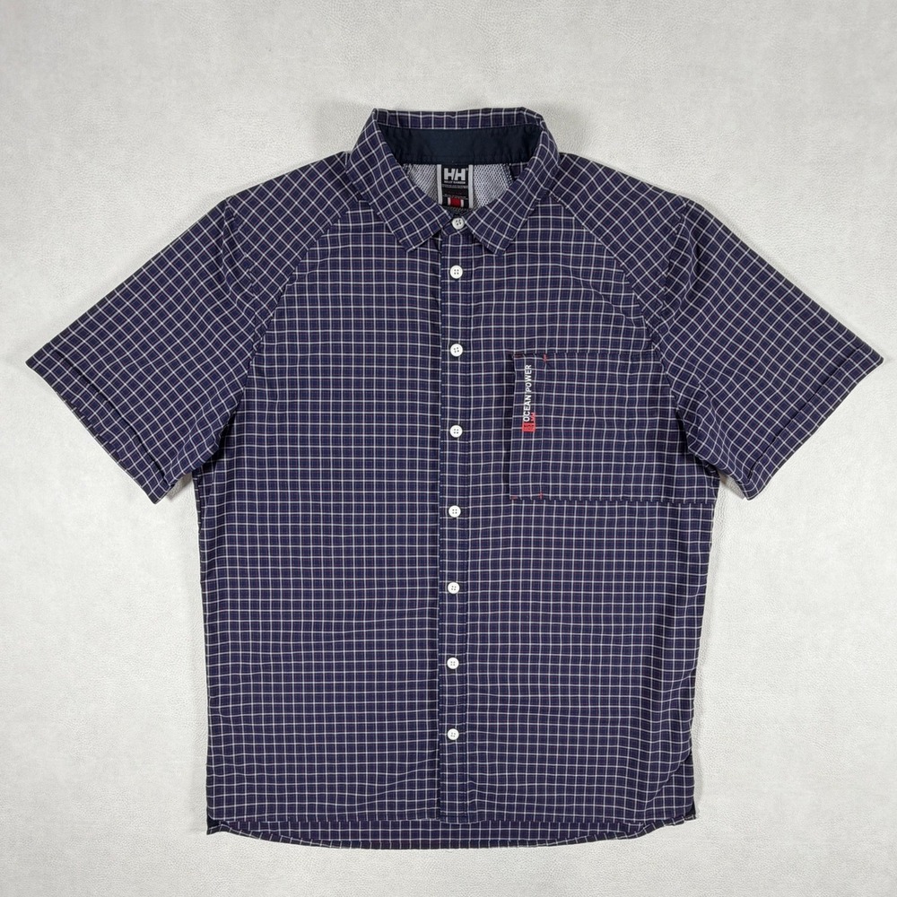 Helly Hansen Mens Large Ocean Power Plaid Short Sleeve Button Down Shirt Navy